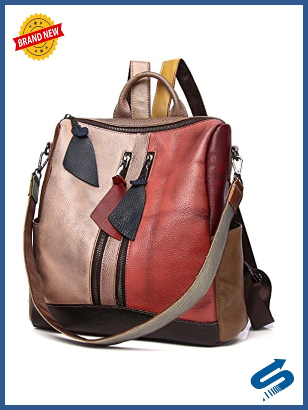 Segater Genuine Leather Convertible Backpack Shoulder Bag Patchwork Travel